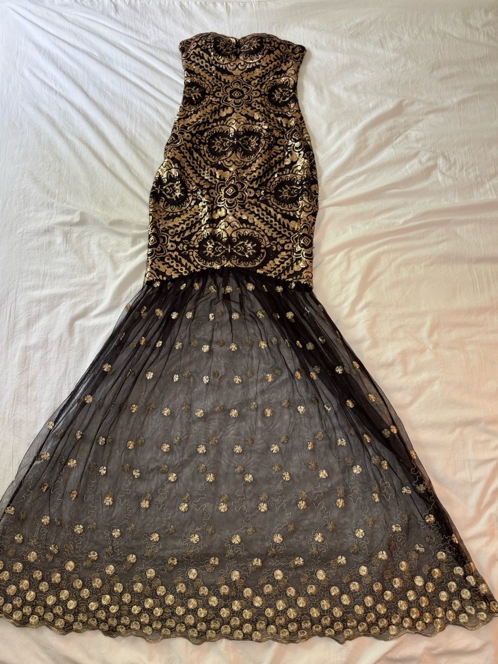 Strapless Black and Gold Sequin Mermaid Evening Dress